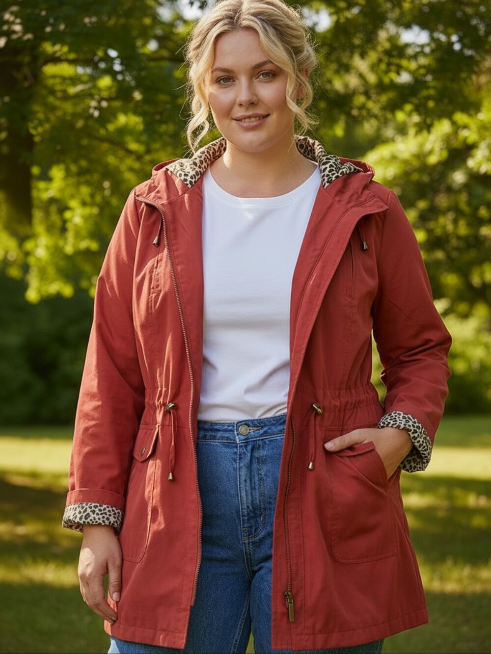 Red Women's Parka Jacket with Leopard Lining